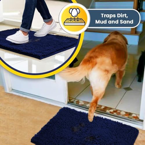 Muddy Mat® | Super Water Absorbent Door Mat Indoor, Microfiber Quick Dry Chenille Entryway Rug, Slip Resistant Front Door Mat, Indoor Mats for Entryway, Machine Washable Pet Rug, Navy Blue 20" x 33"