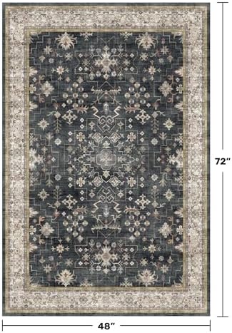 Boho Washable 4x6 Entryway Rug - Non-Slip Low Pile Geometric Area Rug for Living Room, Large Kitchen, Bedroom, Office - Ultra Soft Dark Modern Aesthetic Decor, Black & Multi