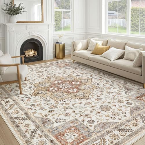 cotiled 8x10 Area Rug for Living Room, Washable, Traditional, Golden Taupe