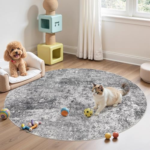 DMOYEST 5ft Round Area Rug Living Room Rugs - 5x5 Washable Large Soft Indoor Neutral Modern Abstract Low Pile Rug Carpet for Bedroom Dining Room Farmhouse Home Office - Grey