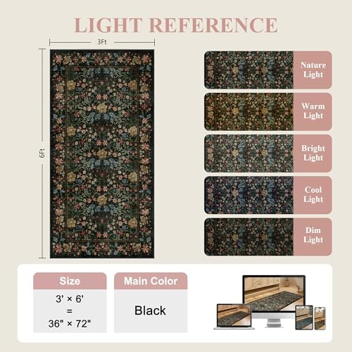 DUKINO 3x6 Kitchen Runner Rug, Washable Vintage Floral Area Rug, Black
