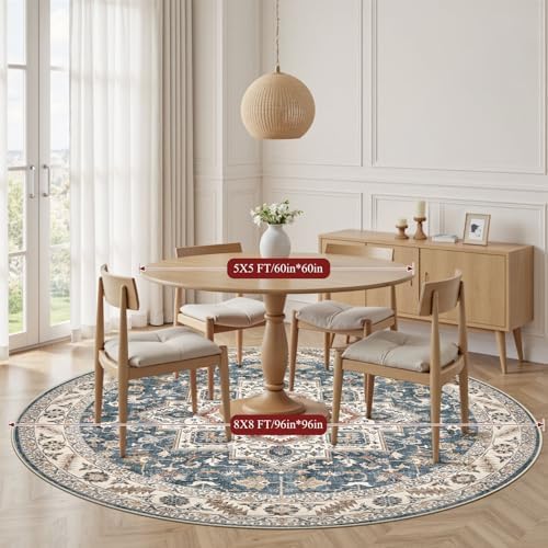 cotiled 8ft Round Living Room Area Rug, Washable, Traditional, Vintage Blue