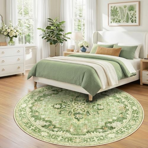 RELEANY Washable Area Rug, Round 8ft, Green/Yellow