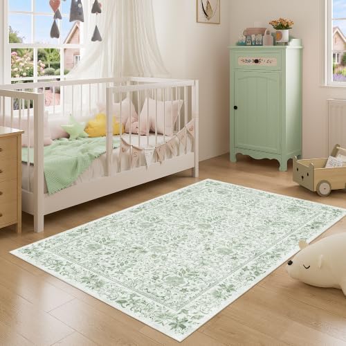 DUKINO 3x5 Rug Washable Vintage Floral Bedroom Area Rug Non Slip Sage Green