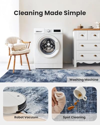 Amada 2x5 Modern Abstract Washable Area Rug for Entryway Dark Blue