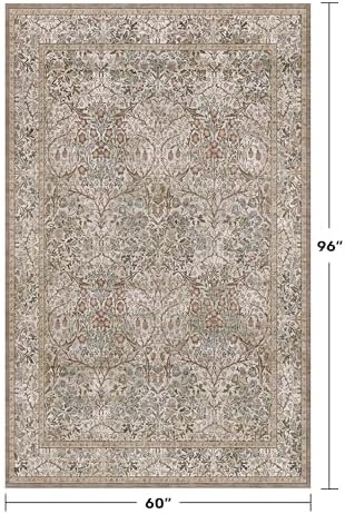 Dining Room Rugs for Under Table - 5x8 Washable Moss Green Oriental Area Rug for Living Room, Low Pile Non-Slip Floor Carpet for Bedroom - Vintage Brown Design & Stain Resistance