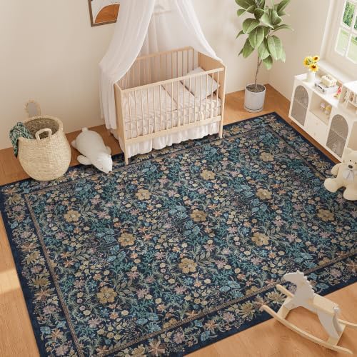 DUKINO 9x12 Area Rug for Living Room, Vintage Floral Washable Rug Dark Blue
