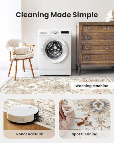 Amada 2'6" x 8' Washable Runner Rug for Hallway, Beige, Vintage Style