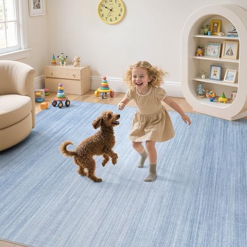UERMEI 10x14 Washable Area Rug - Neutral Modern Abstract Living Room Rugs, Non-Slip Soft Large Indoor Floor Carpet for Bedroom Home Office & Under Dining Table Decor, Blue