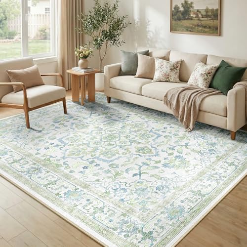 CAPALOCA 5x8 Washable Nursery Girls Low Pile Area Rug Green Blue