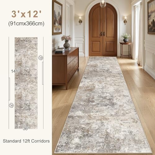 UERMEI 3x12 Washable Runner Rug for Hallway, Non Slip Low Pile Kitchen Carpet, Neutral Modern Abstract Indoor Floor Mat for Entryway Laundry, Kid & Pet Safe High Traffic Area, Brown Grey
