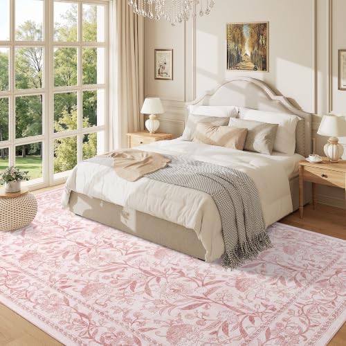 DUKINO 6x9 Area Rug Vintage Floral Washable Rugs for Living Room Light Pink