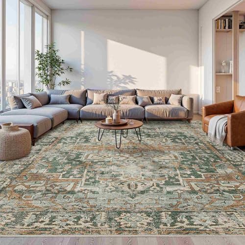Rugxara 10x14 Area Rugs for Living Room Large Washable Rug, Green/Brown