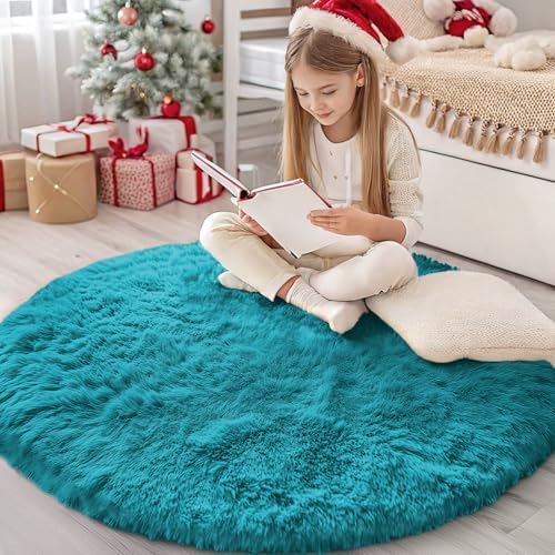 OLANLY Teal Round Rugs for Bedroom - Machine Washable, 4 ft Circle Area Rugs for Living Room, Soft and Fluffy Shaggy Carpet for Teen Girl and Boys, Nursery Rooms, Dorms, Home Decor Aesthetic
