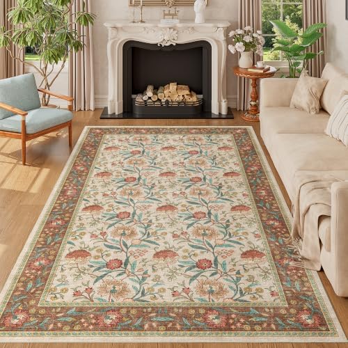 DUKINO 5x8 Area Rug, Vintage Floral Washable Rugs for Living Room, Brown