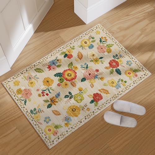 Washable Small Area Rug for Entryway: 2x3 Throw Rugs Non Slip Floral Carpet