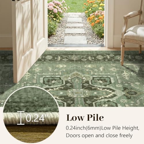 4x6 Ft Area Rugs for Living Room, Soft Non-Slip Machine Washable Rug, Vintage Stain Resistant Carpets for Bedroom Nursery Dining Room Home Decor (Green)