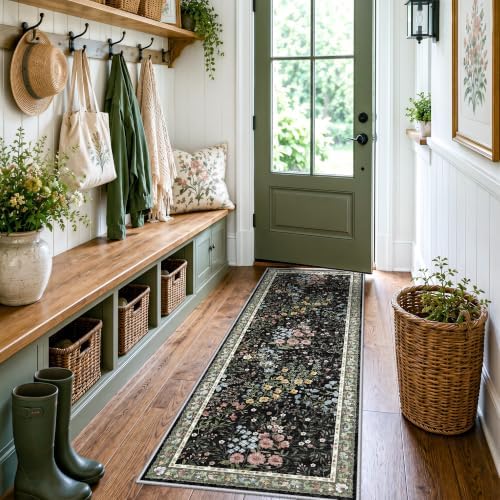 Washable Kitchen Runner Rug 2x6: Vintage Floral Rug for Hallway Kitchen - Machine Washable Non Slip Low Pile Carpet - Soft Foldable Runner for High Traffic Areas - 2'x6' Black