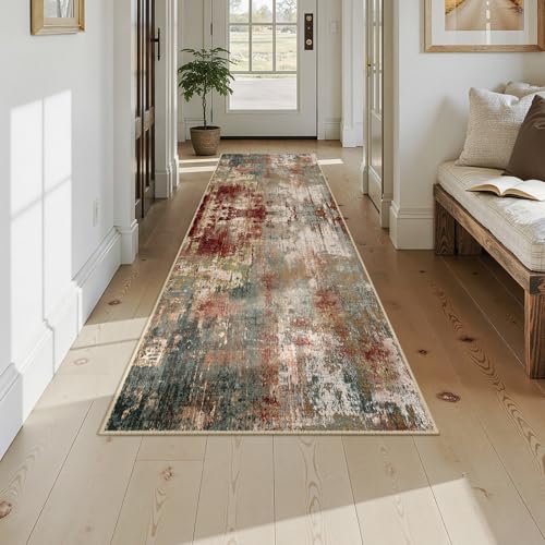 RELEANY Washable Runner 2'6"x10' Abstract Area Rug for Hallway Rustic Brown