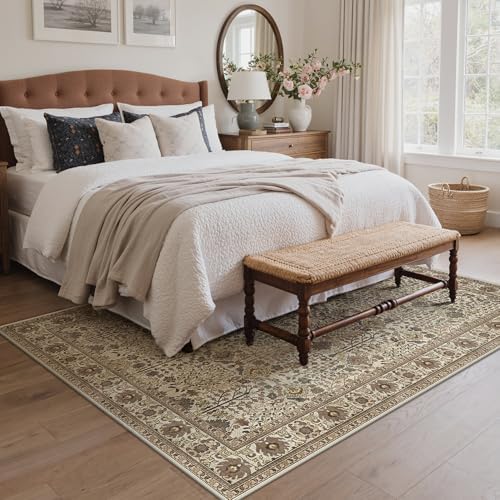 Bavni 4x6 Area Rug for Living Room, Washable Low Pile, Cream Brown