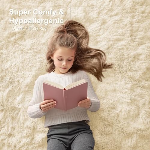 OLANLY 3x5 Machine Washable Small Bedside Rug, Soft Fluffy Shaggy Rugs for Living Room, Bedroom, Indoor Floor Carpet for Kids Girls and Boys, Preppy Dorms, Nursery, Home Decor Aesthetic, Cream