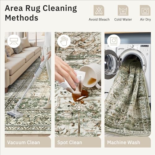 Soalmost 5x7 Area Rug Low Pile Washable Trendy Faded Style Rug, Olive Beige