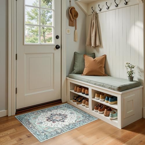 RELEANY Washable Area Rug, Small 2'x3', Teal Green/White/Navy