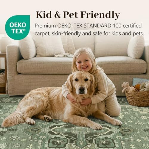 4x6 Ft Area Rugs for Living Room, Soft Non-Slip Machine Washable Rug, Vintage Stain Resistant Carpets for Bedroom Nursery Dining Room Home Decor (Green)