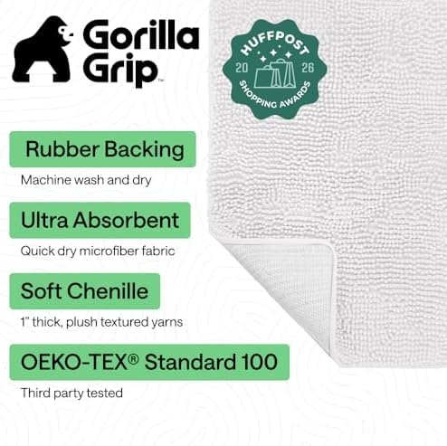GORILLA GRIP Bath Rug Mat for Bathroom, Absorbent Chenille, 30x20 White