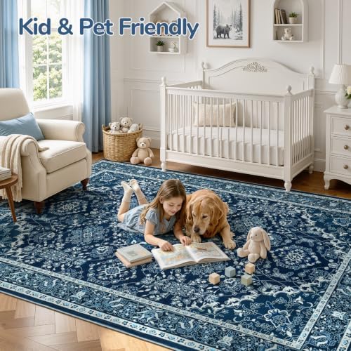 Lessymo Floral 8x10 Area Rugs for Living Room,Large Washable Carpet Blue