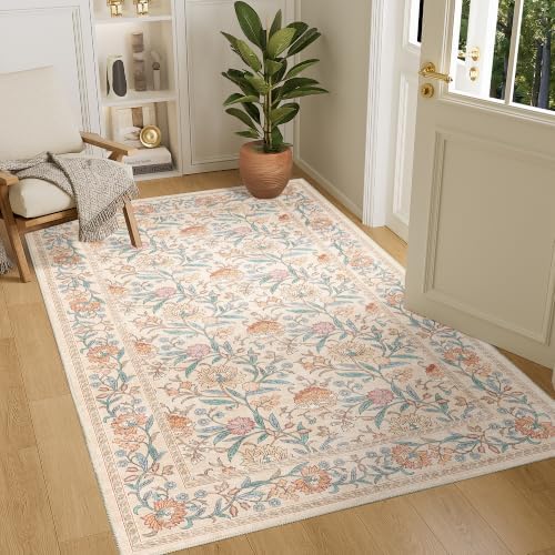 DUKINO 4x6 Area Rug, Washable Vintage Floral Rug for Living Room, Beige