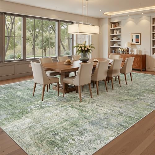 Soalmost 9x12 Area Rugs for Living Room Washable Rug Abstract Green/Ivory
