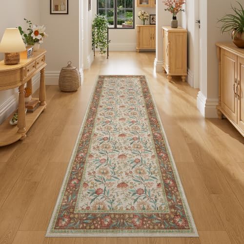 DUKINO 2x6 Runner Rug, Washable Vintage Floral Kitchen Rug, Brown