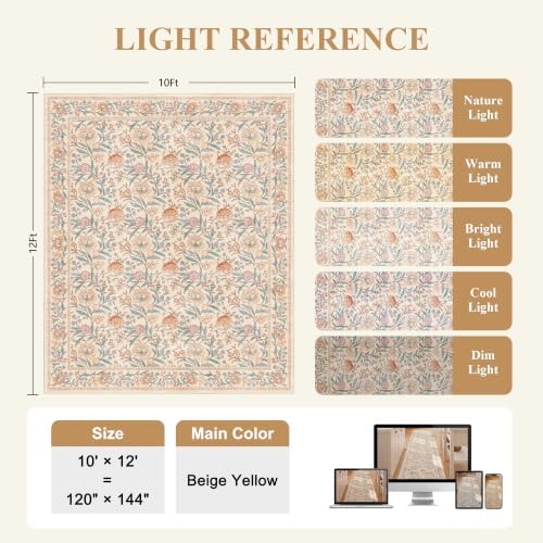 DUKINO 10x12 Area Rug for Living Room, Vintage Floral Washable Rug Beige