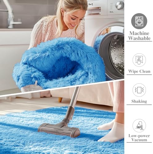OLANLY 2x3 Machine Washable Small Bedside Rug, Soft Fluffy Shaggy Entryway Throw Rugs for Bedroom, Living Room, Indoor Floor Carpet for Kids Girls and Boys, Home Decor Aesthetic, Bright Blue