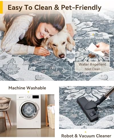 RELEANY Washable Area Rug, Round 4ft, Grey/White/Beige