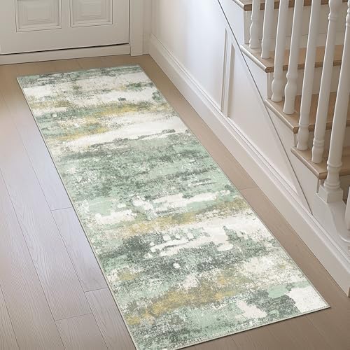 BEIMO 2'6"x10 Green Abstract Runner Rug, Washable Non-Slip for Hallway