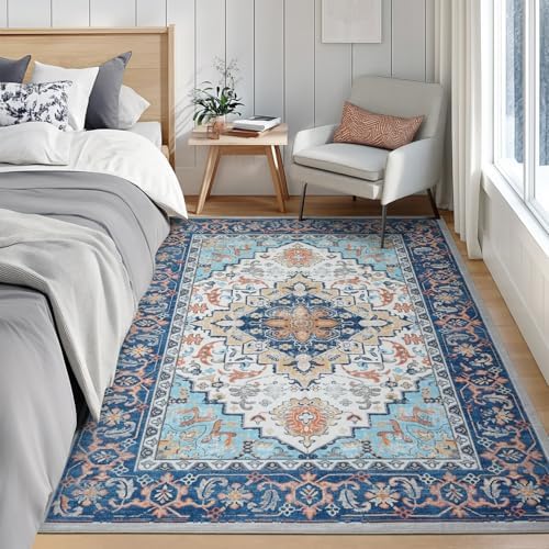 Lofus 6x9 Area Rugs for Living Room Bedroom, Soft Boho Carpet Floral Blue