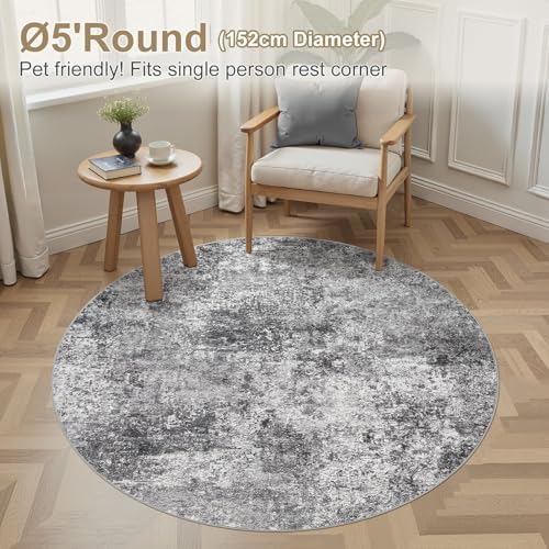 DMOYEST 5ft Round Area Rug Living Room Rugs - 5x5 Washable Large Soft Indoor Neutral Modern Abstract Low Pile Rug Carpet for Bedroom Dining Room Farmhouse Home Office - Grey