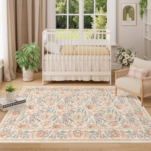 DUKINO 4x6 Area Rug, Washable Vintage Floral Rug for Living Room, Beige