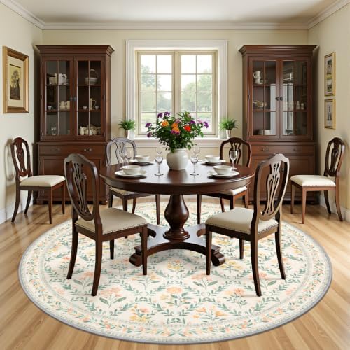 PLHXFR Round Area Rug Living Room: 8 ft Floral Washable Carpet Beige Multi