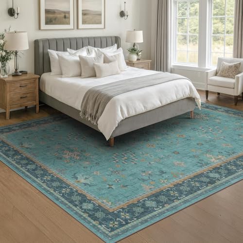 Boho 9x12 Large Teal Green Washable Living Room Rug - Vibrant Turquoise Rug for Bedroom Under Bed, Dining Room Under Table, Geometric Floral Low Pile & Soft Stain Resistant Carpet