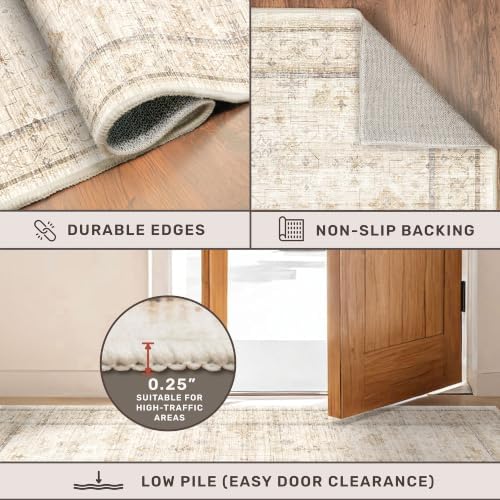 Washable 2x8 Runner Rugs for Hallway Non Slip, Stain Resistant Farmhouse Kitchen Rugs, Geometric Floral Indoor Floor Mats for Entryway, Vintage Beige Home Décor, Low Pile & Soft Carpet