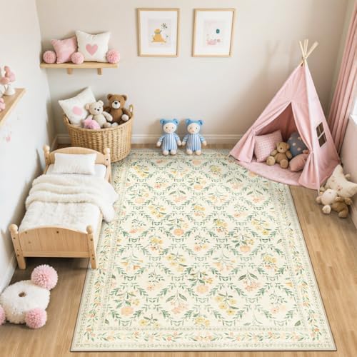 PLHXFR Area Rug Living Room: 4x6 Floral Washable Boho Carpet Beige Multi