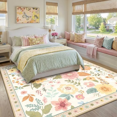 RELEANY Floral Washable Square 8ft Area Rug Beige/White/Orange