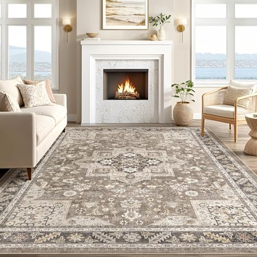 cotiled 8x10 Area Rug for Living Room, Washable, Traditional, Brown