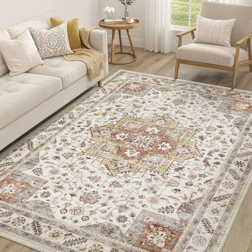 cotiled 5x8 Area Rug for Living Room, Washable, Traditional, Golden Taupe