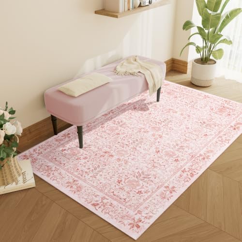 DUKINO 3x5 Rug, Washable Vintage Floral Bedroom Area Rug Non Slip, Pink