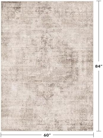 Hazo Haus Washable 5x7 Area Rugs for Living Room, Neutral Beige & Peach Farmhouse Rug for Dining Room & Bedroom, Ultra Soft Low-Pile Non-Slip Stain Resistant, Distressed Design