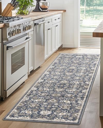 Amada 2x6 Washable Runner Rug for Kitchen and Entryway, Blue/Brown, Vintage